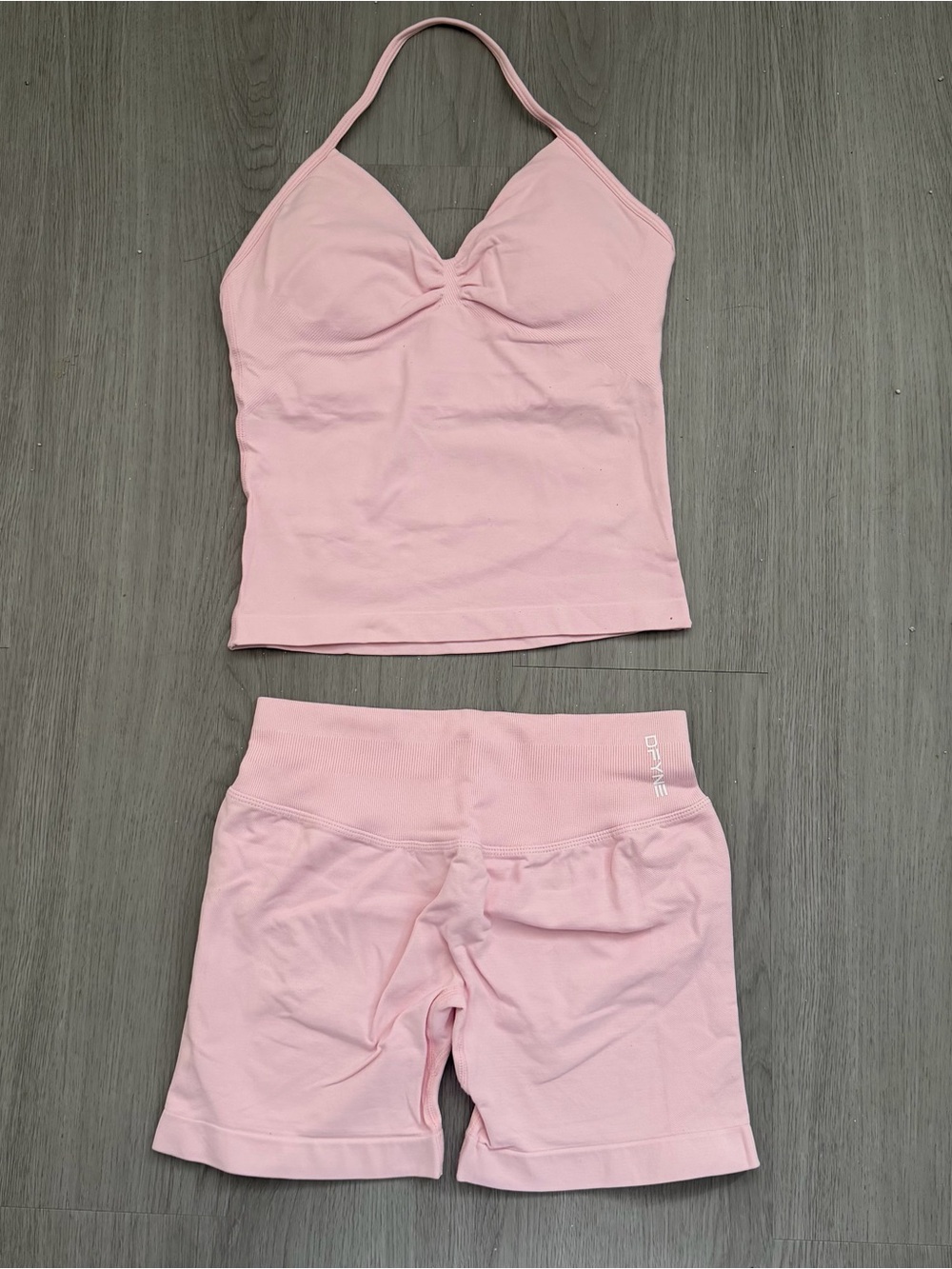 DFyne pink impact sports bra and shorts set